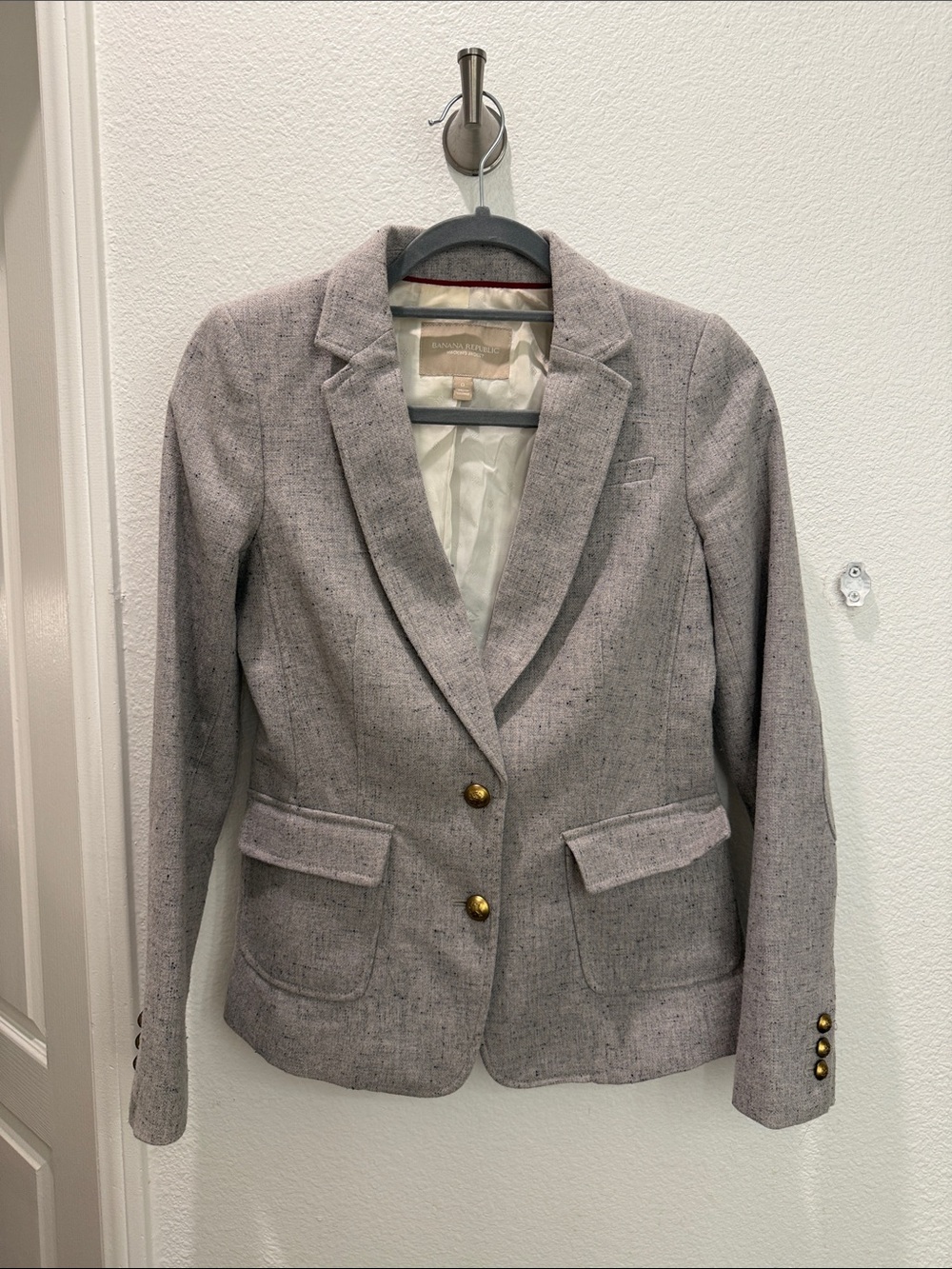 Banana Republic Light Gray Tweed Blazer with Gold Buttons